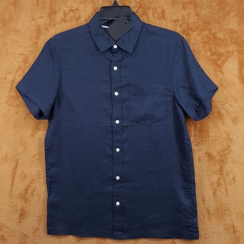 SCOTCH & SODA Button Up Shirt Mens Small Navy Blue Short Sleeve 100% Linen $118